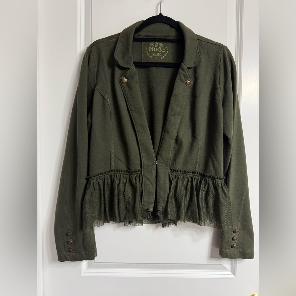 Mudd Forrest Green Y2K Military Peplum Open Front Lace Blazer Juniors XL